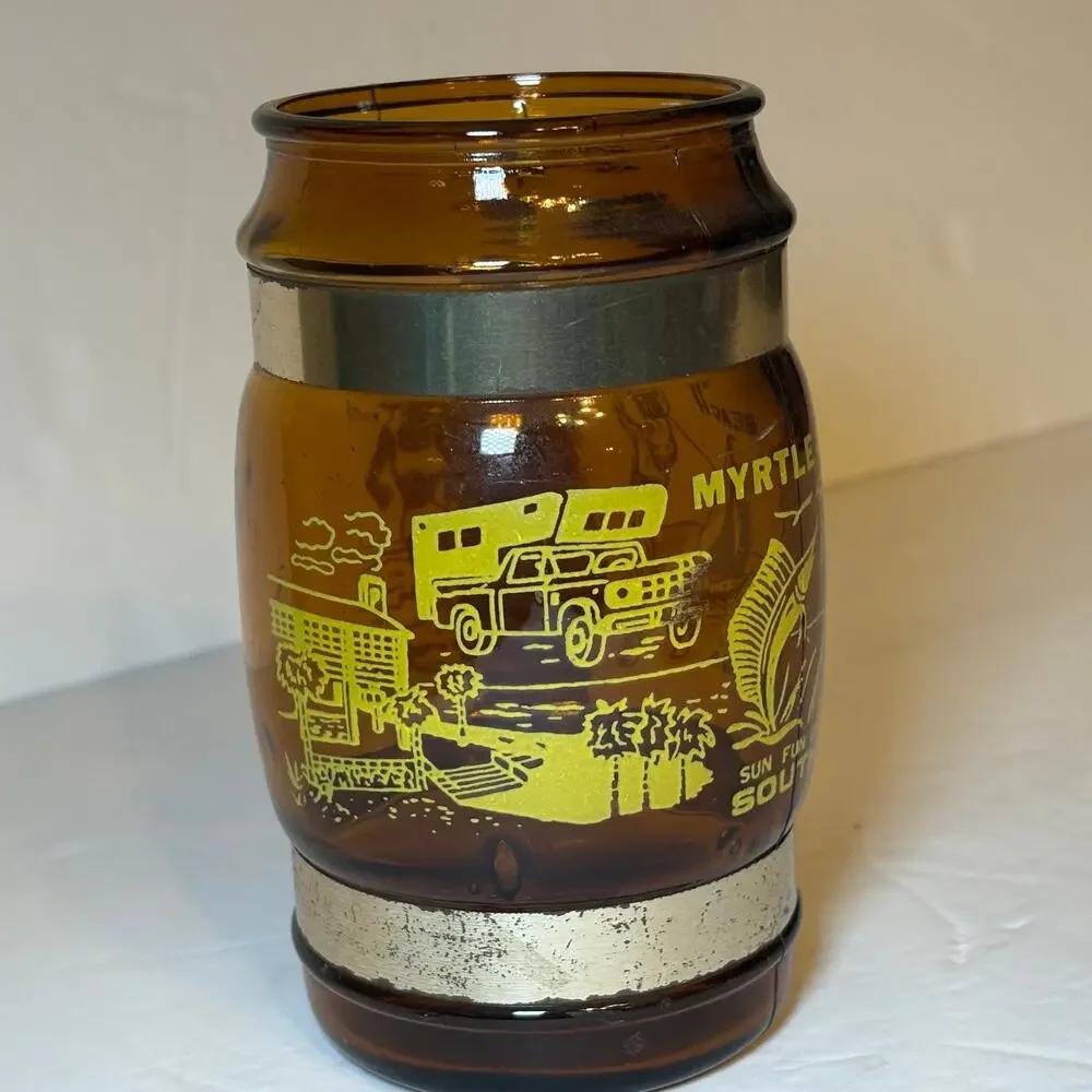 Vintage Myrtle Beach South Carolina Souvenir Brown Glass Barrel Mug Wood Handle